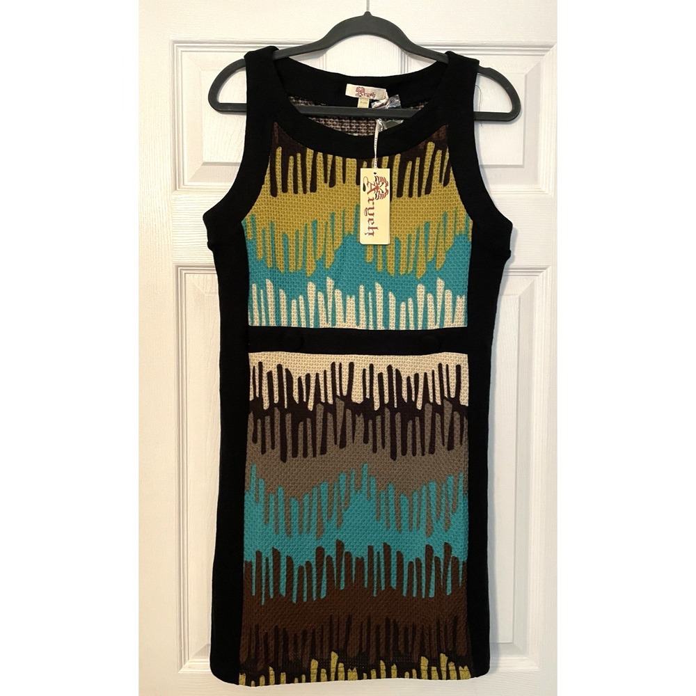 New Aryeh dress women's size‎ Medium Black sleeveless green blue Artsy design